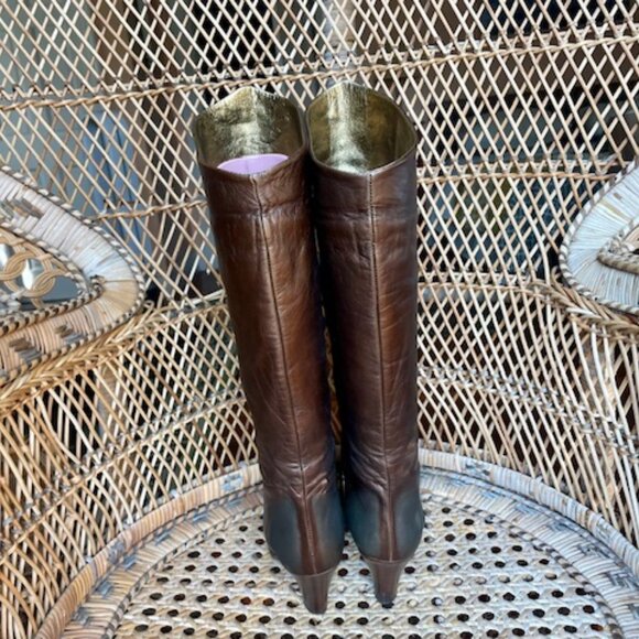 Brown Leather Knee High Boots Stacked Heels Sz 6.5 US - Picture 3 of 5